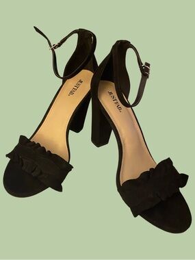 Black Ruffle Ankle-Strap 4” Block Heels
